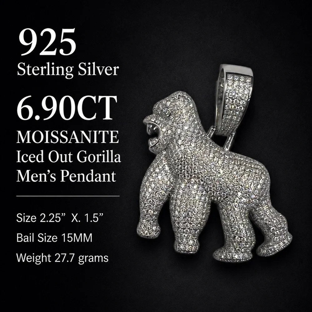 925 Sterling Silver 6.90CT MOISSANITE Iced Out Gorilla Pendant